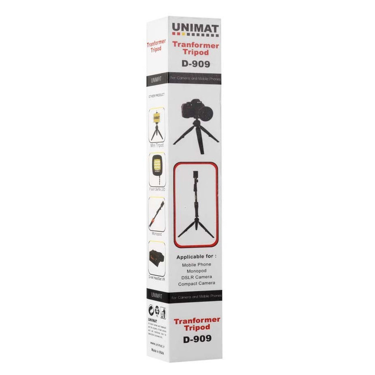 سه پایه گوشی موبایل، دوربین، رینگ لایت دارای پایه های جمع شونده جهت تنظیم D909 Unimat (اصلی) - ارسال رایگان