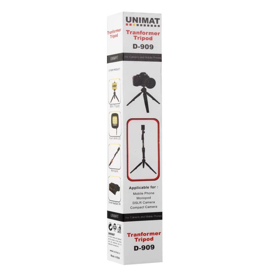 سه پایه گوشی موبایل، دوربین، رینگ لایت دارای پایه های جمع شونده جهت تنظیم D909 Unimat (اصلی)