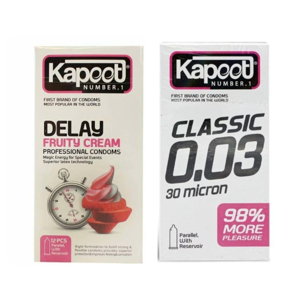 کاندوم تاخیری کاپوت مدل DELAY FRUITY CREAM بسته 12 عددی به همراه کاندوم کلاسیک کاپوت مدل CLASSIC 0.03 بسته 10 عددی