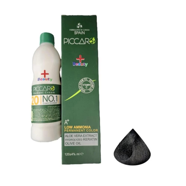 رنگ مو پیکارو مدل پلاس بیوتی شماره 1.0 حجم 124 میلی لیتر رنگ مشکی به همراه اکسیدان پیکارو مدل پلاس بیوتی کد 01 شش درص...