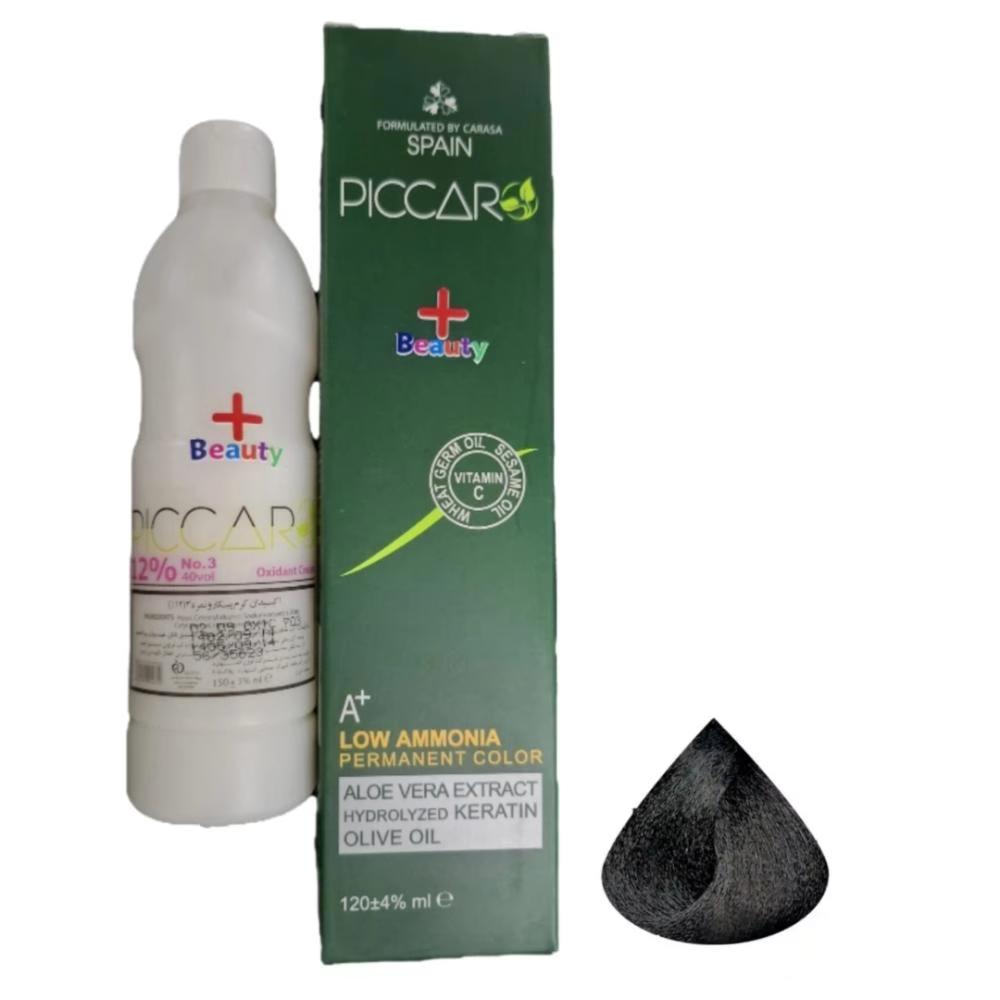 رنگ مو پیکارو مدل پلاس بیوتی شماره 1.0 حجم 124 میلی لیتر رنگ مشکی به همراه اکسیدان پیکارو مدل پلاس بیوتی کد 03 دوازده...
