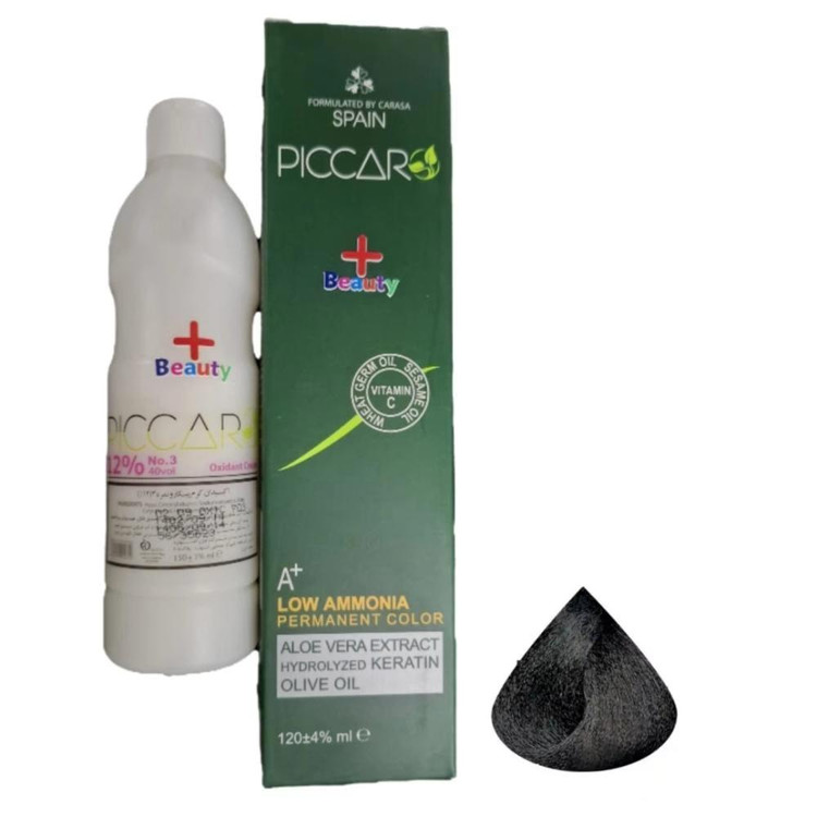 رنگ مو پیکارو مدل پلاس بیوتی شماره 1.0 حجم 124 میلی لیتر رنگ مشکی به همراه اکسیدان پیکارو مدل پلاس بیوتی کد 03 دوازده...