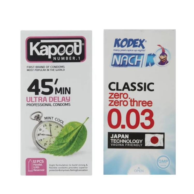 کاندوم ناچ کدکس مدل کلاسیک 0.03 بسته 10 عددی به همراه کاندوم تاخیری کاپوت مدل 45 دقیقه بسته 12 عددی