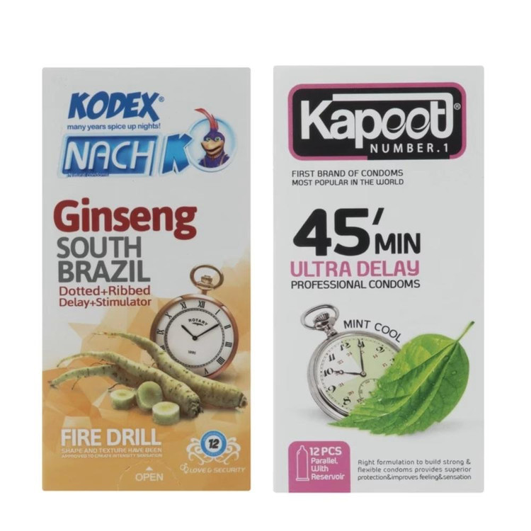 کاندوم تاخیری کاپوت مدل 45MIN بسته 12 عددی به همراه کاندوم خاردار کدکس مدل GINSENG بسته 12 عددی