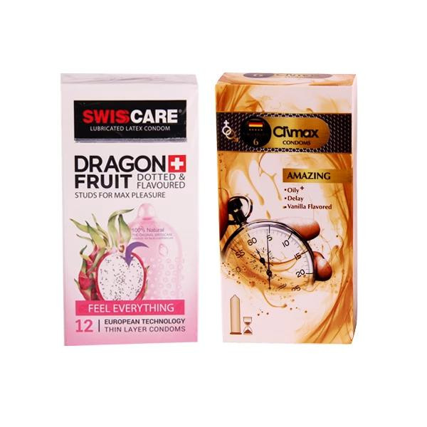 کاندوم کلایمکس مدل amazing بسته 12 عددی به همراه کاندوم سوئیس کر مدل dragon fruit بسته 12 عددی