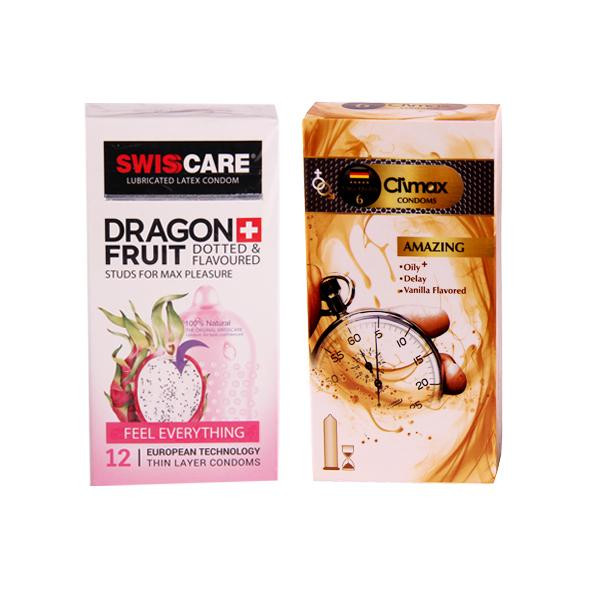 کاندوم کلایمکس مدل amazing بسته 12 عددی به همراه کاندوم سوئیس کر مدل dragon fruit بسته 12 عددی