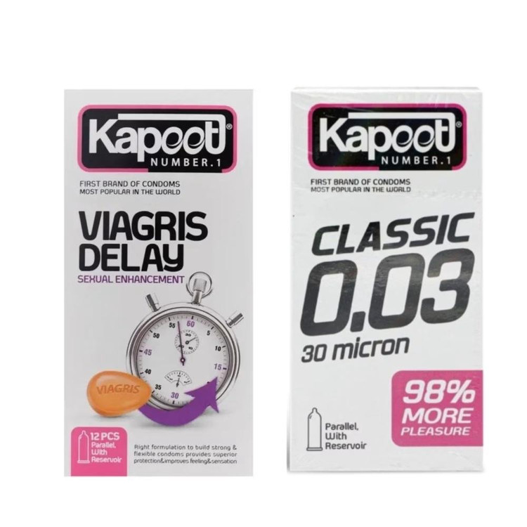 کاندوم کلاسیک کاپوت مدل 0.03 بسته 10 عددی به همراه کاندوم تاخیری کاپوت مدل VIAGRIS DELAY بسته 12 عددی