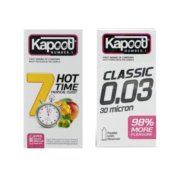 کاندوم کلاسیک کاپوت مدل 0.03 بسته 10 عددی به همراه کاندوم تاخیری کاپوت مدل 7HOT TIME بسته 12 عددی