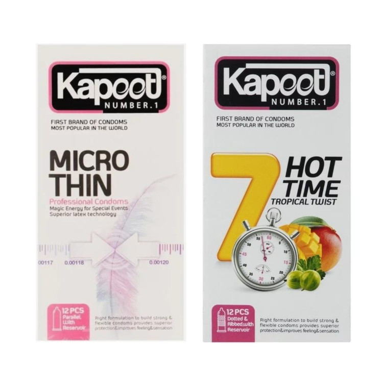 کاندوم کلاسیک کاپوت مدل MICRO THIN بسته 12 عددی به همراه کاندوم خاردار کاپوت مدل 7HOT TIME بسته 12 عددی