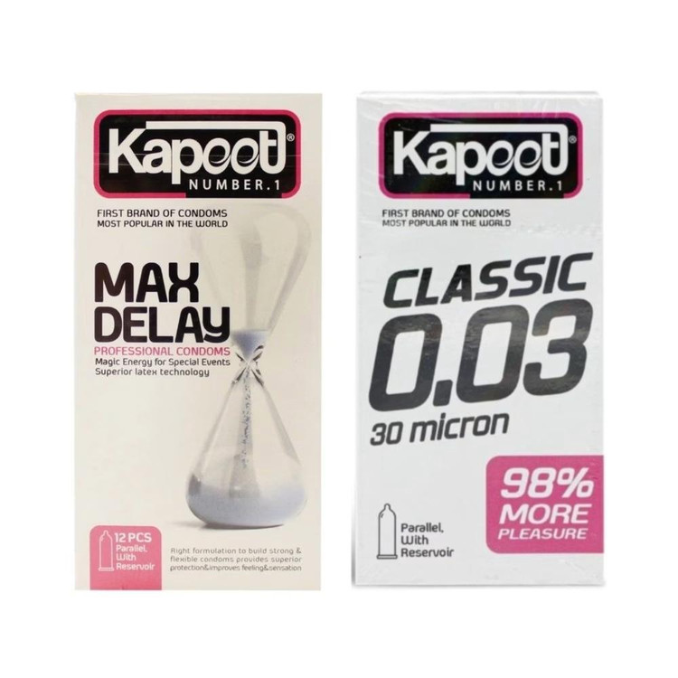 کاندوم کلاسیک کاپوت مدل CLASSIC 0.03 بسته 10 عددی به همراه کاندوم تاخیری کاپوت مدل MAX DELAY بسته 12 عددی