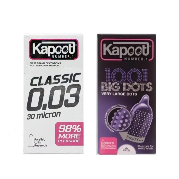 کاندوم خاردار کاپوت مدل BIG DOTS بسته 10 عددی به همراه کاندوم کلاسیک کاپوت مدل 0.03 بسته 10 عددی