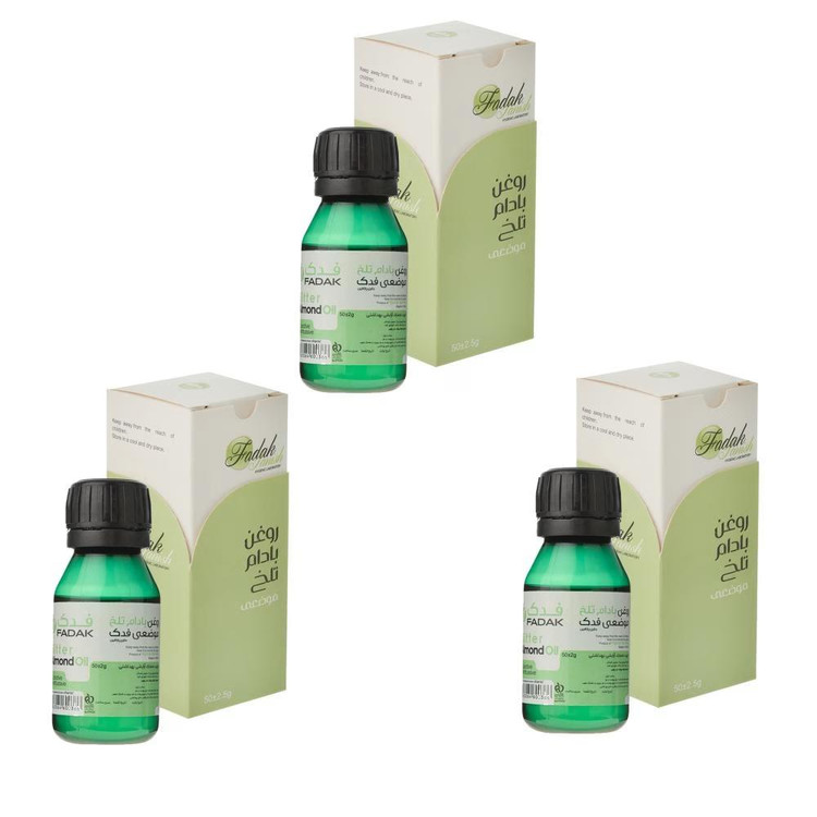 روغن بادام تلخ فدک تانیش مدل Almond-Bit مناسب برای انواع پوست و مو حجم 50 میلی لیتر بسته سه عددی
