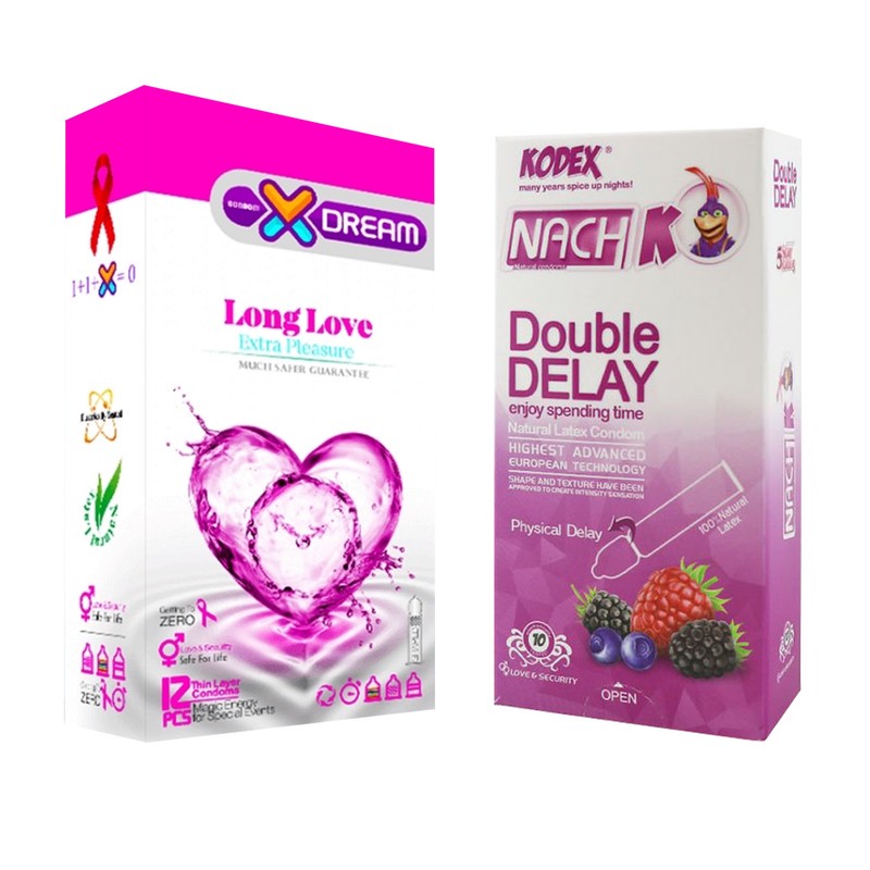 کاندوم ایکس دریم مدل Long Love بسته 12 عددی به همراه کاندوم تاخیری کدکس مدل Double Delay بسته 10 عددی مدل 1