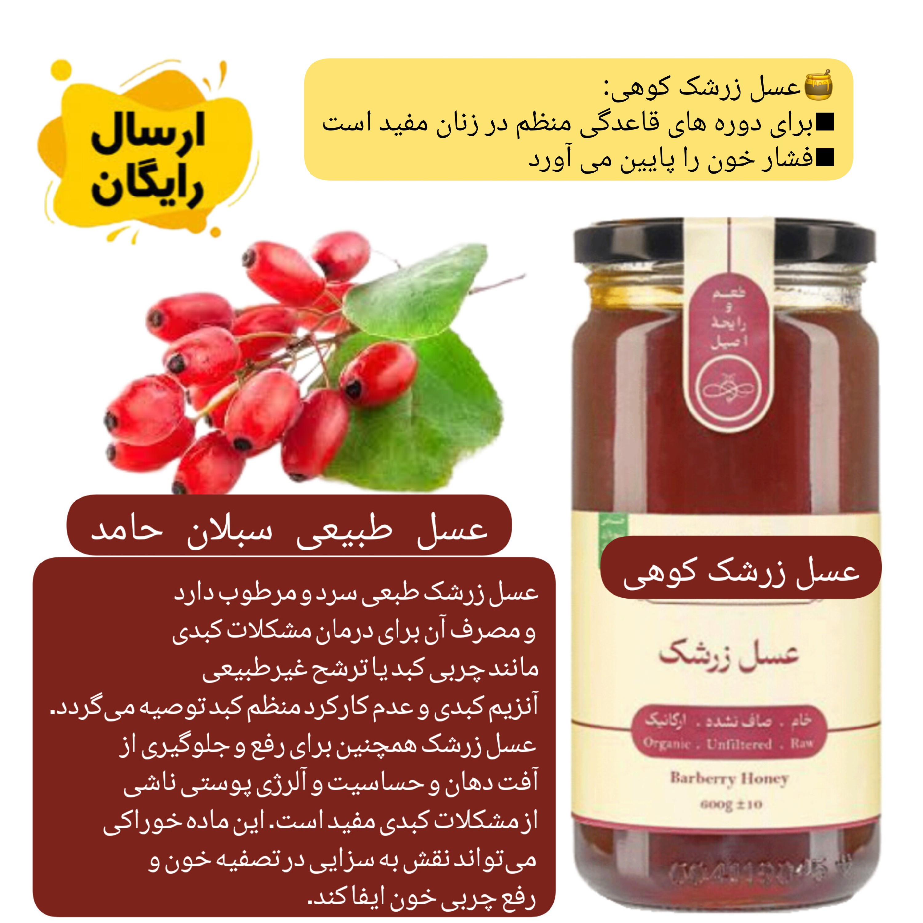 عسل زرشک کوهی خام ارگانیک ساکارززیر3درصد1کیلویی(مستقیم از زنبوردار)ارسال رایگان